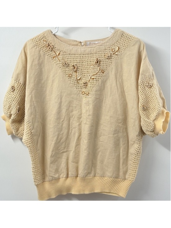 International Apparel Mart Tops - Vintage 1980’s Tan Knit Crochet Short Sleeve Sweater Size Large